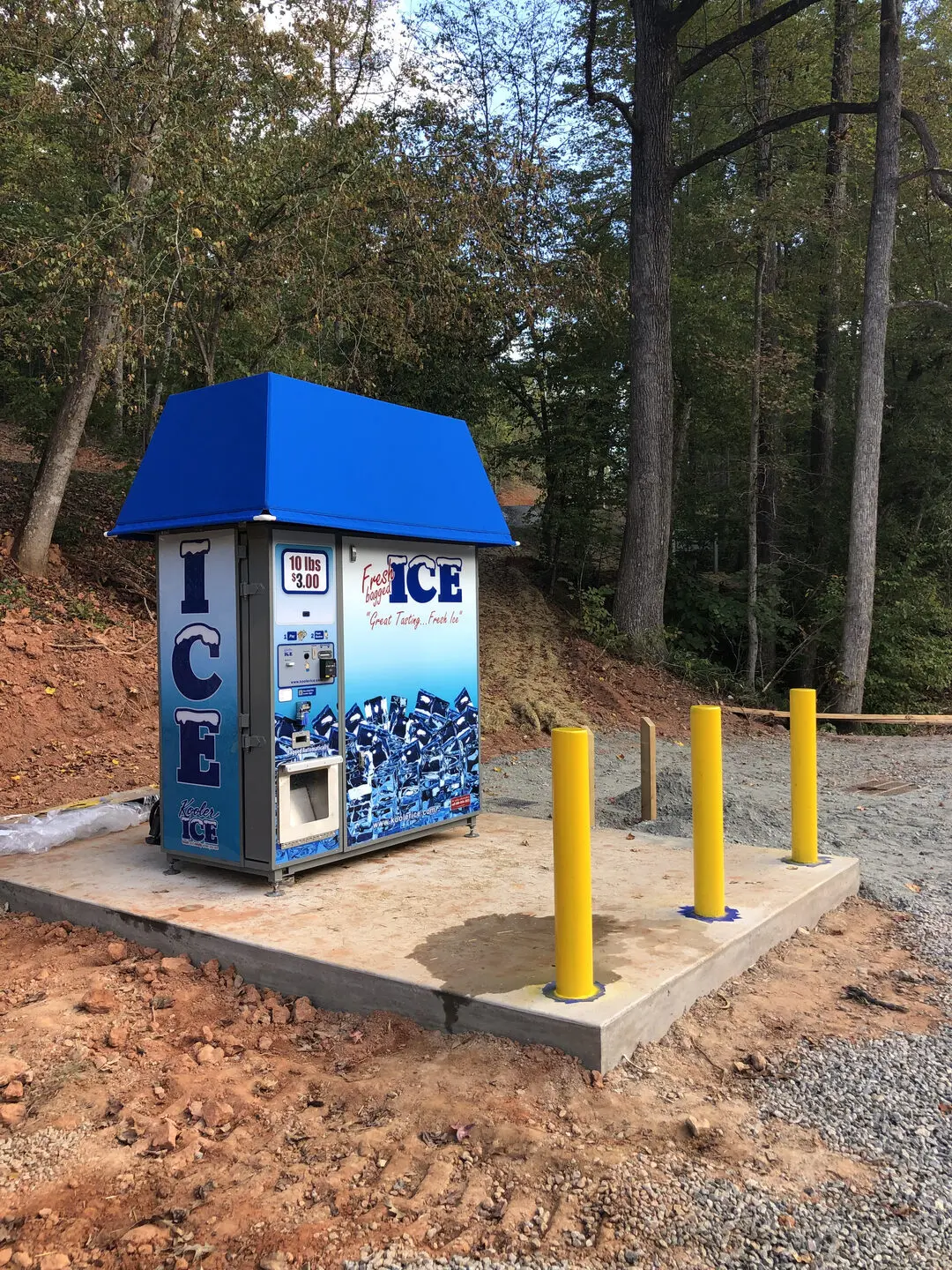 Ice vending machine in forest setting