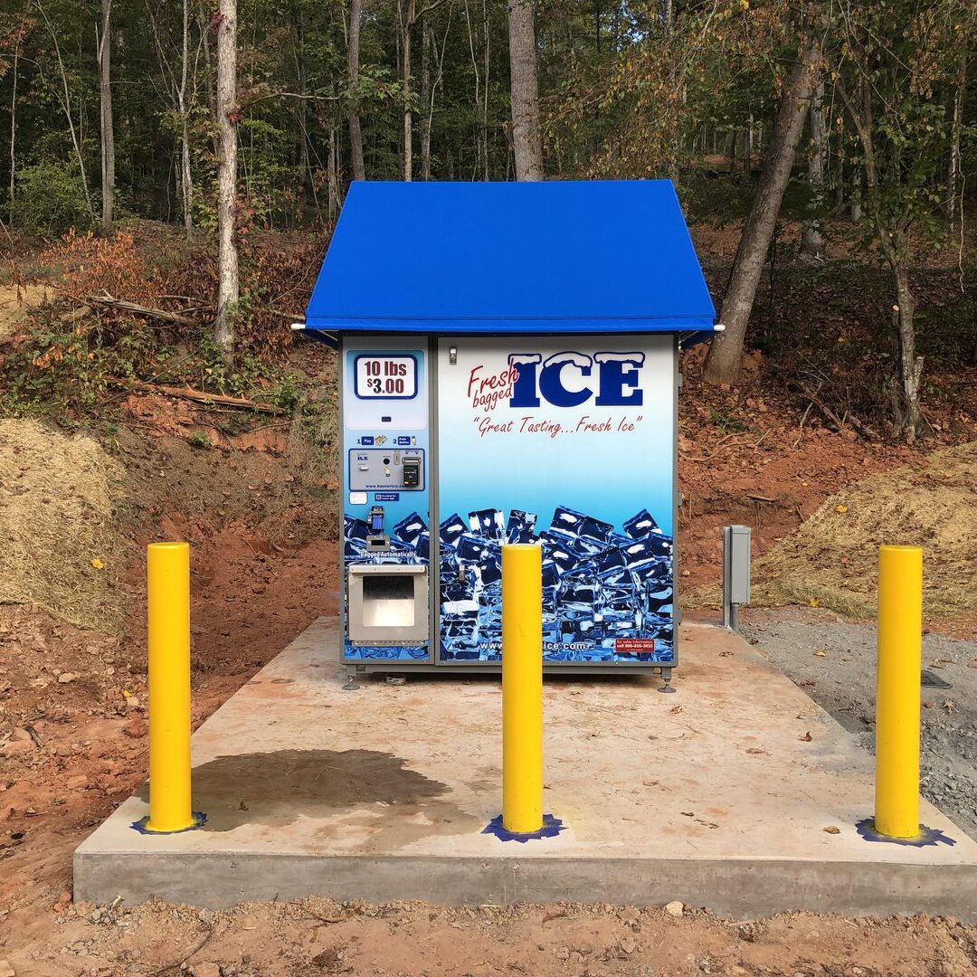 Ice vending machine in forest setting